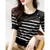 Black and White Striped Short Sleeved Knitted T-shirt Summer Round Neck Pullover Knitted T-shirt