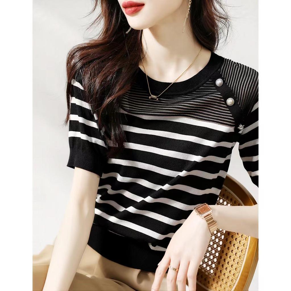 Black and White Striped Short Sleeved Knitted T-shirt Summer Round Neck Pullover Knitted T-shirt