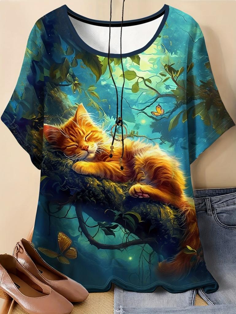 Summer Women 3D Printed Cat T-Shirt Cute Graphics Short Sleeves Tops Casual Fashion Tees O-Neck T-Shirts Oversize Woman Clothes