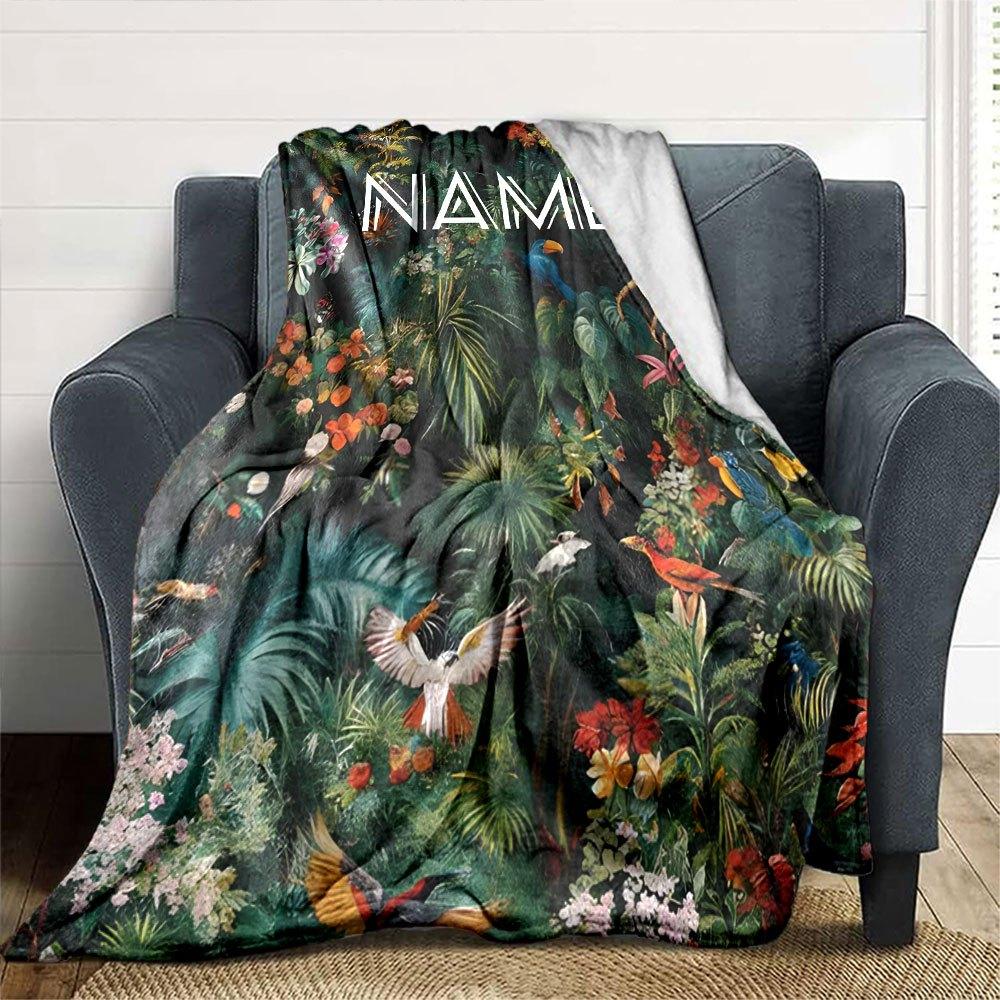 Vibrant Tropical Jungle Home Customize Your Name Blankets Featuring A Stunning Array Of Colorful Flowers And Exotic Birds Offering Unparalleled