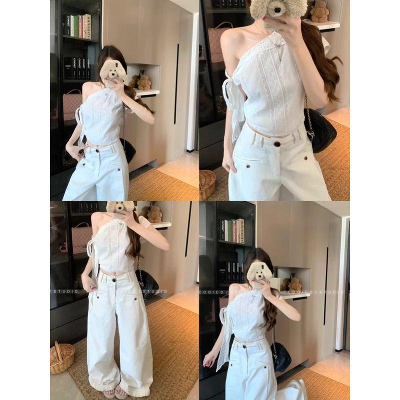 Kumikumi Design Sense Lace White Silk Crochet Sloping Shoulder Short sleeve T-shirt Women Summer Slimming Versatile Top