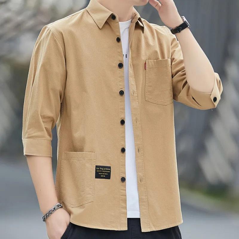 Summer Three-quarter Sleeve Shirt for Men, Thin Hong Kong-style Casual Workwear, Short-sleeved Shirt Coat, Loose