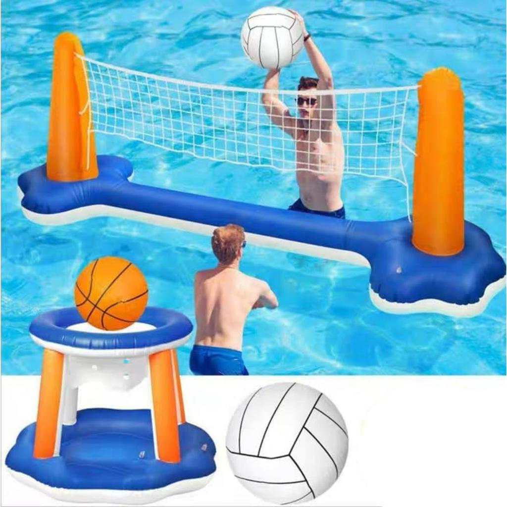 Aufblasbares Pool-Volleyballnetz-Set mit Basketballkorb, Volleyballnetz & Basketballkorb, 2-in-1 schwimmende Wasserspiele für Erwachsene, Wassersport im Hinterhof