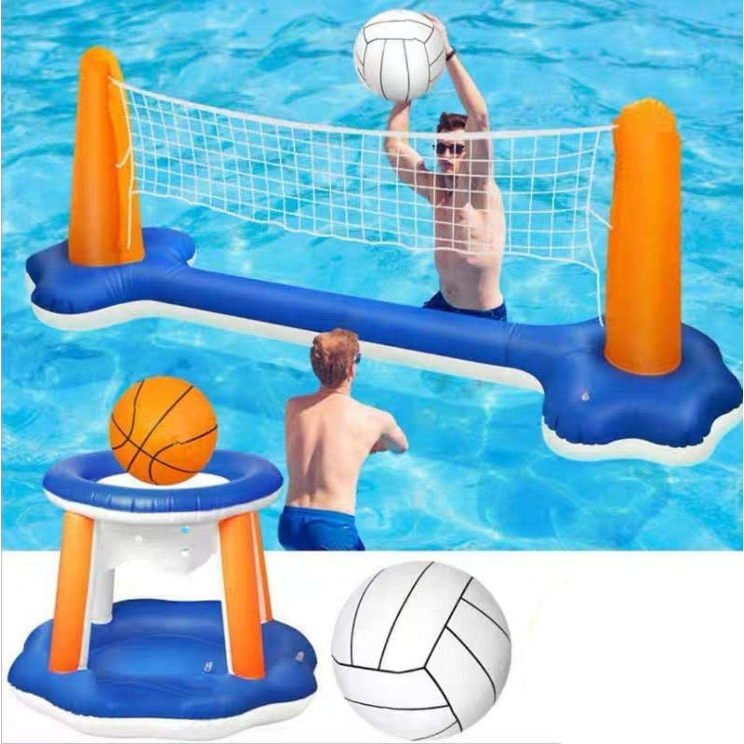 Inflatable Pool Volleyball Net Set with Basketball Hoop, Volleyball Net & Basketball Hoop,2-in-1 Floating Water Games for Adults,Backyard Water Sports C001