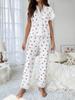 Ladies' Home Wear, Cherry Print Water-soluble Embroidered Edge Short-sleeved and Long Pants Pajama Set, Suitable for Women To Wear Pajamas Outside
