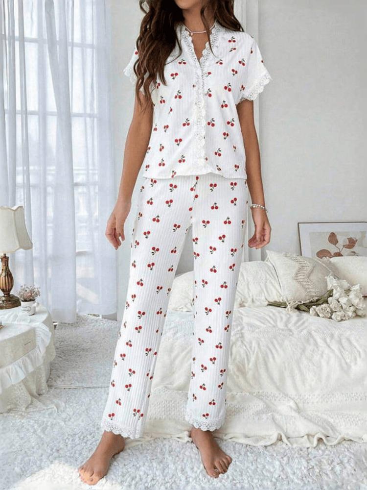 Ladies' Home Wear, Cherry Print Water-soluble Embroidered Edge Short-sleeved and Long Pants Pajama Set, Suitable for Women To Wear Pajamas Outside