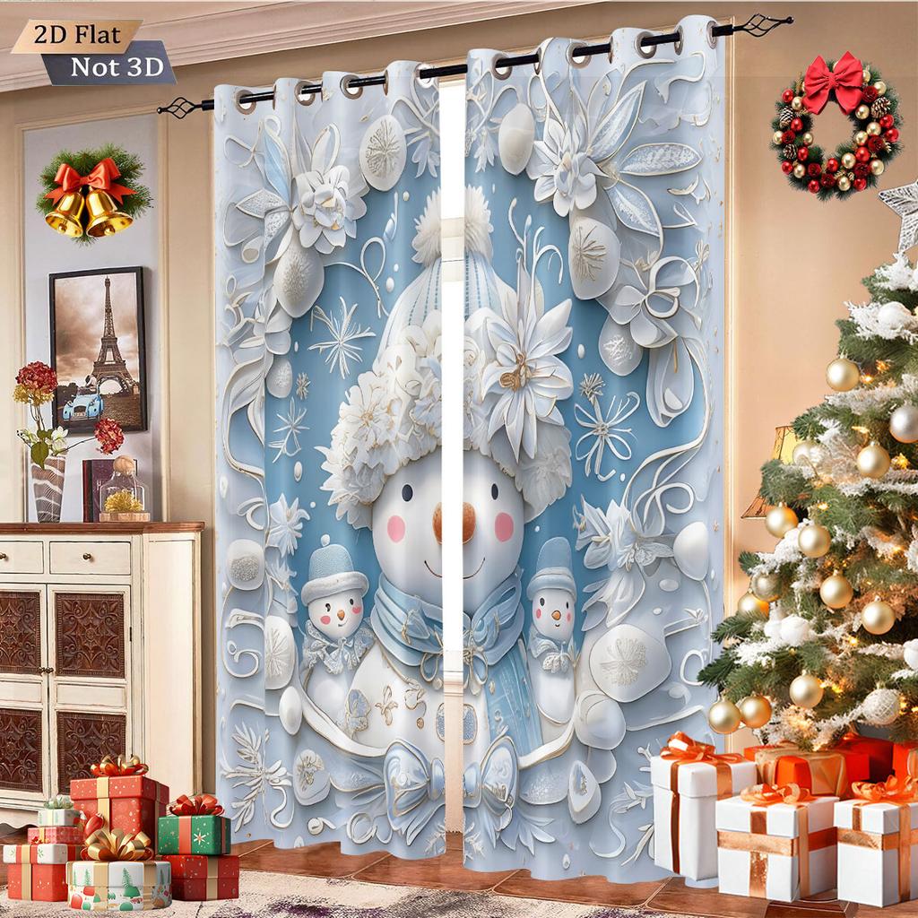 2Pcs Imitation Relief Christmas Snowman Print Blackout Curtain Multi Size Living Room Insulation Decoration Machine Washable