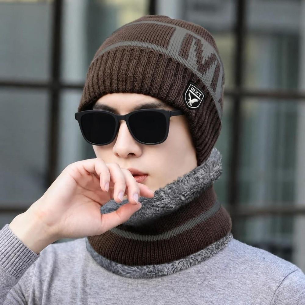 Windproof Knitted Beanie Set Plush Lined Hat Scarf Combo Fashion Winter Knit Headwear Set  For Men