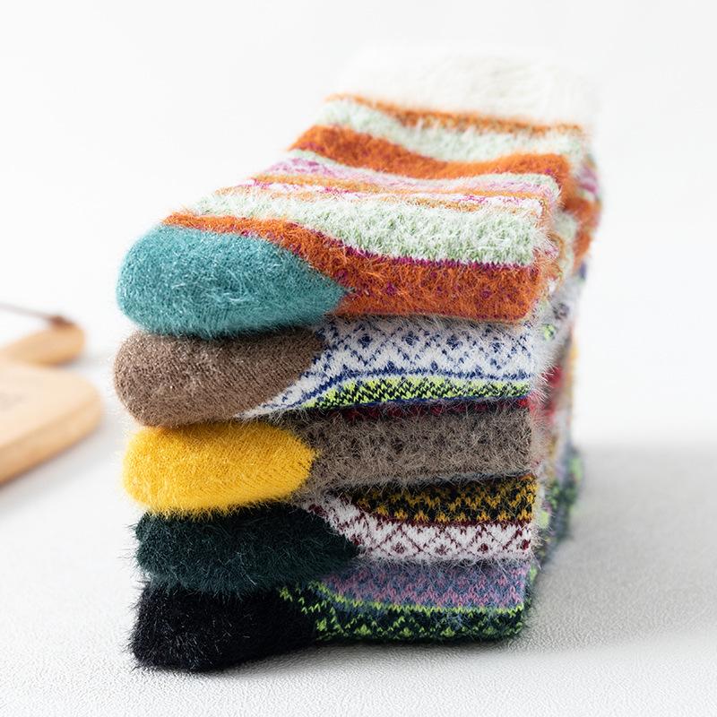 5 Pairs of Female Autumn and Winter Imitation Mink Wool Thick Warm Ethnic Rabbit Wool Tube Socks