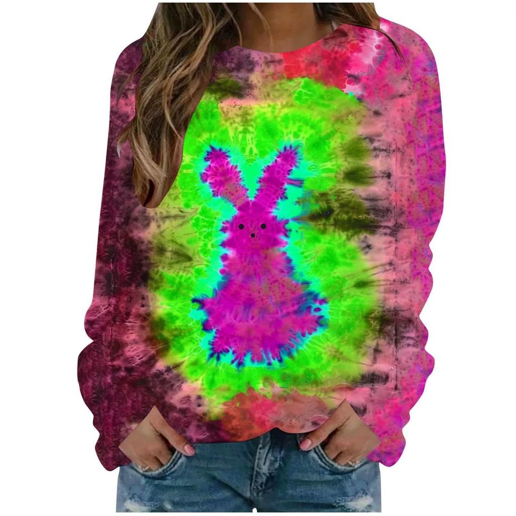 Round Neck 3D Tie Dye Rabbit Printed Top Fashionable Casual Long Sleeved Women's T-shirts