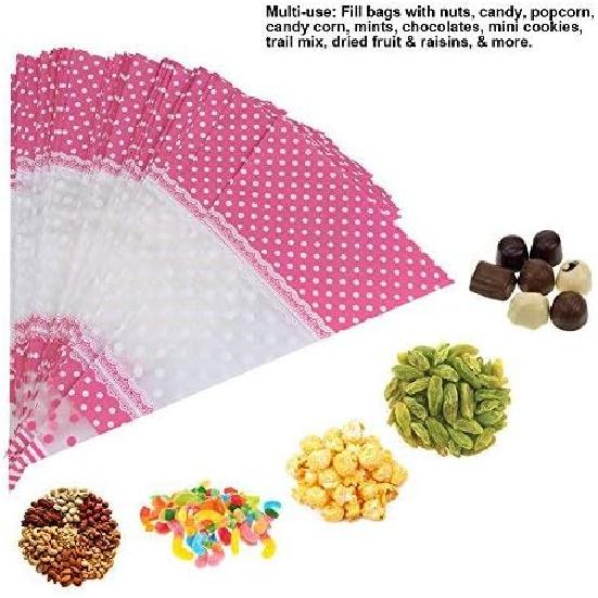 FTVOGUE 50 Piece Clear Cone-Shaped Treat Popcorn Bags Treat Bags Cellophane Candy Bags with Twist Ties(Pink)