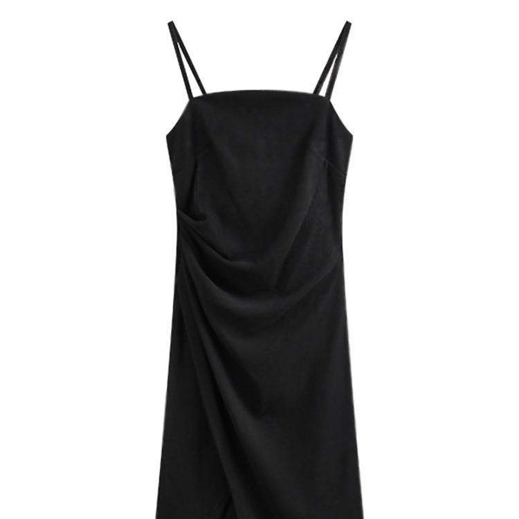 New summer two-color suspender split pleated dress new pure desire wind light and mature temperament medium and long dress women