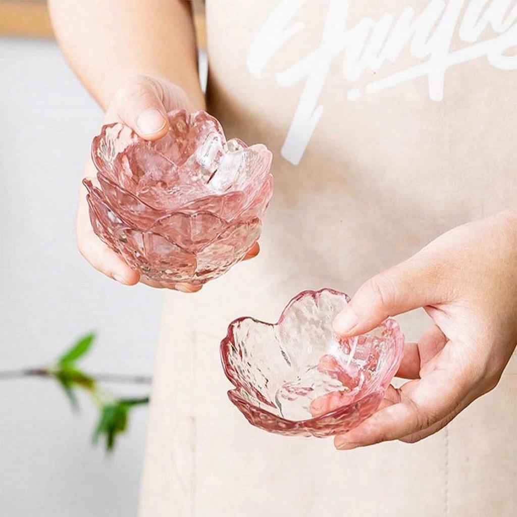 Pink Glass Bowls Set of 3/6, Small Dip Bowls Sauce Plates - Japanese Sakura Flower Cherry Blossom Shaped Bowl for Dessert