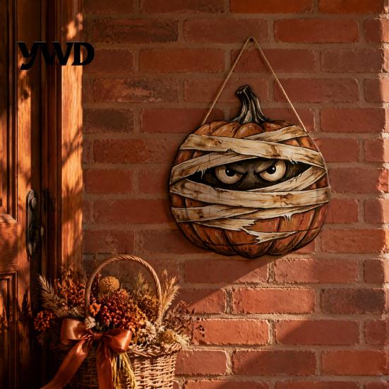 Autumn Theme Room Furnishings Halloween Mummy Pumpkin Hanging Sign, Retro Wooden Pendant with Decorative Party Sign Hemp Rope for Front Door