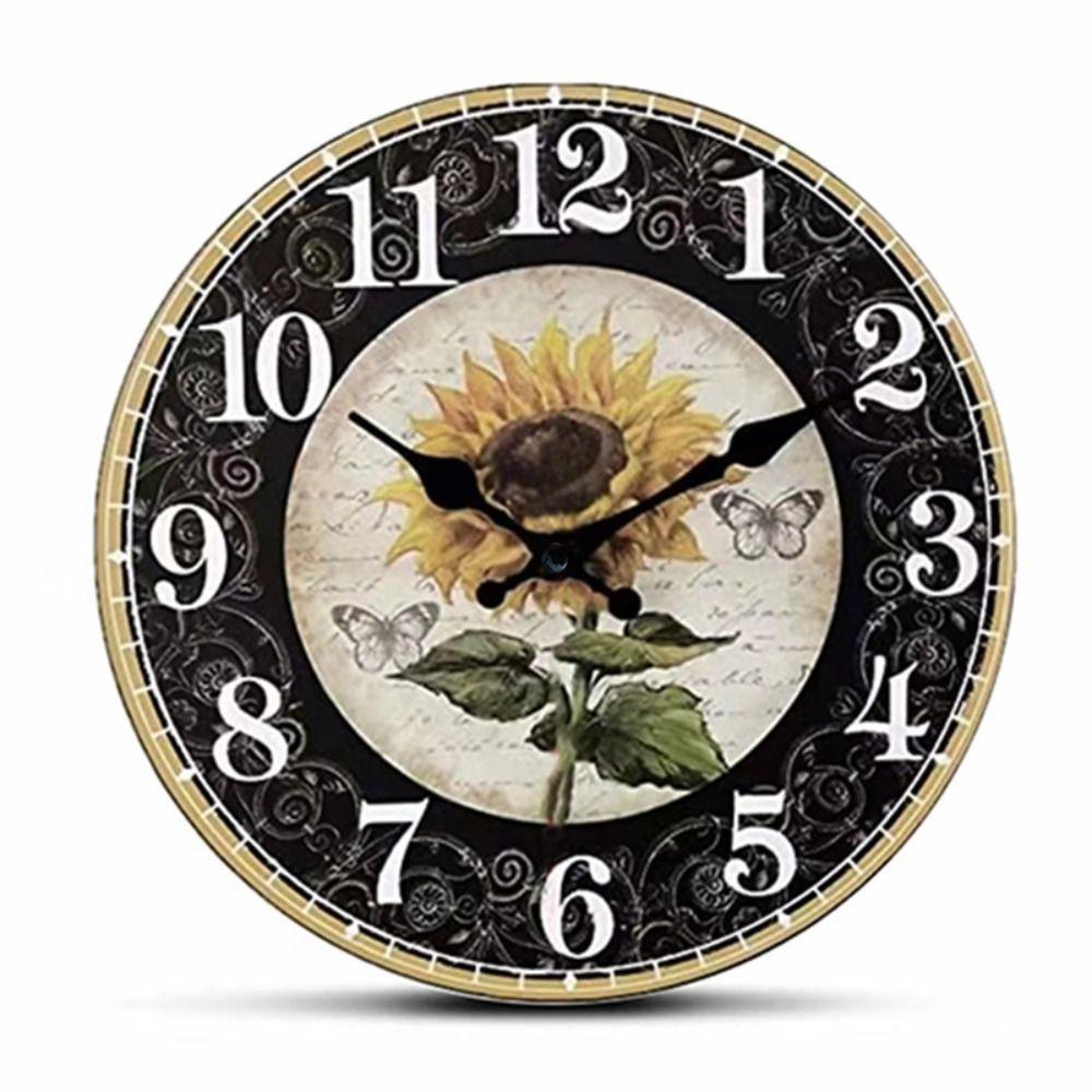 Wooden Retro Sunflower Clock Modern Round Silent Wall Clock Non-Ticking Hanging Wall Decor Clocks Bathroom