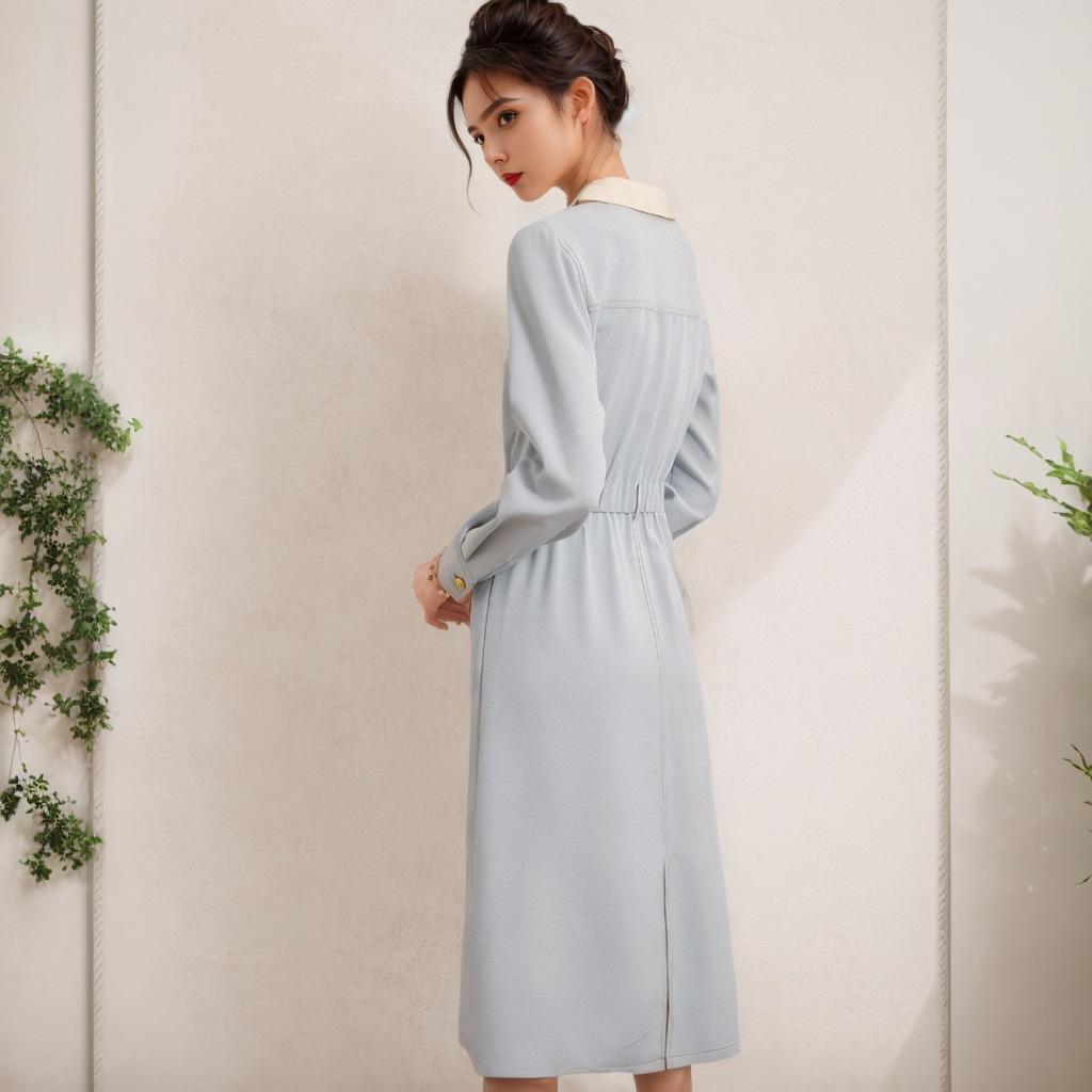 Spring New Splicing Lapel Temperament Slim-fitting Contrasting Denim Medium and Long-sleeved POLO Collar Dress Women