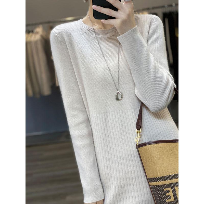 Autumn and Winter New Medium and Long Sweater Women's Crew Neck Knitted with Coat Dress Small Versatile Bottoming Skirt
