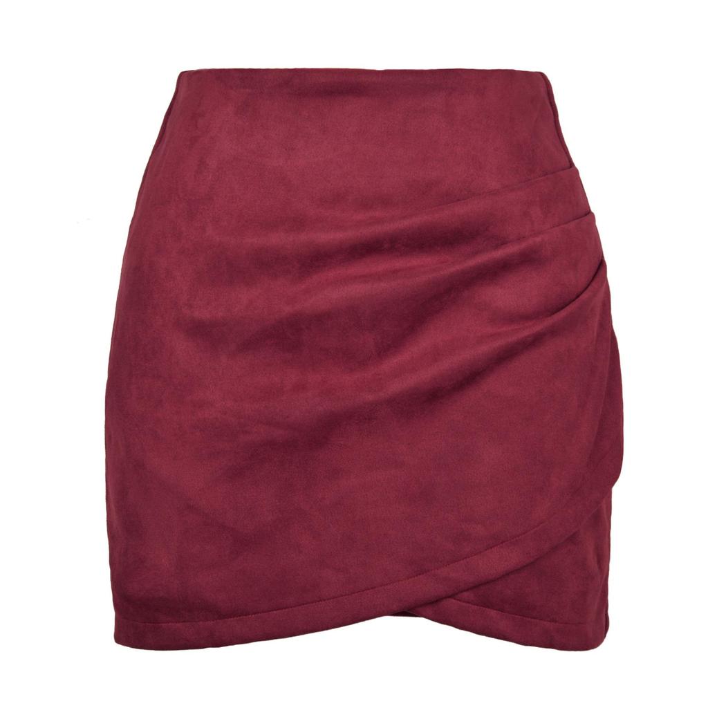 Suede Solid Color Buttocks Wrapped Skirt Pleated Irregular Zippered Short Skirt for Women's Clothing