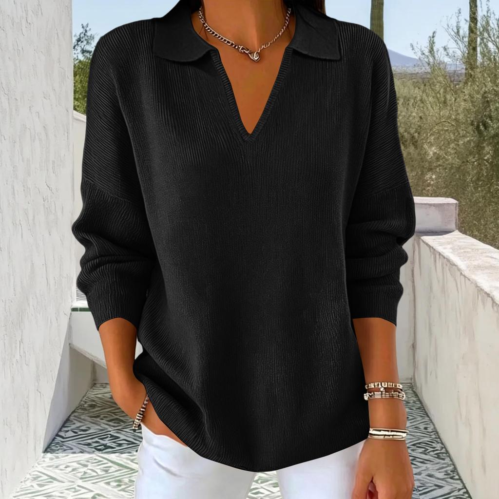 Women's Casual Knit Sweater with Lapel Collar Long Sleeve Color