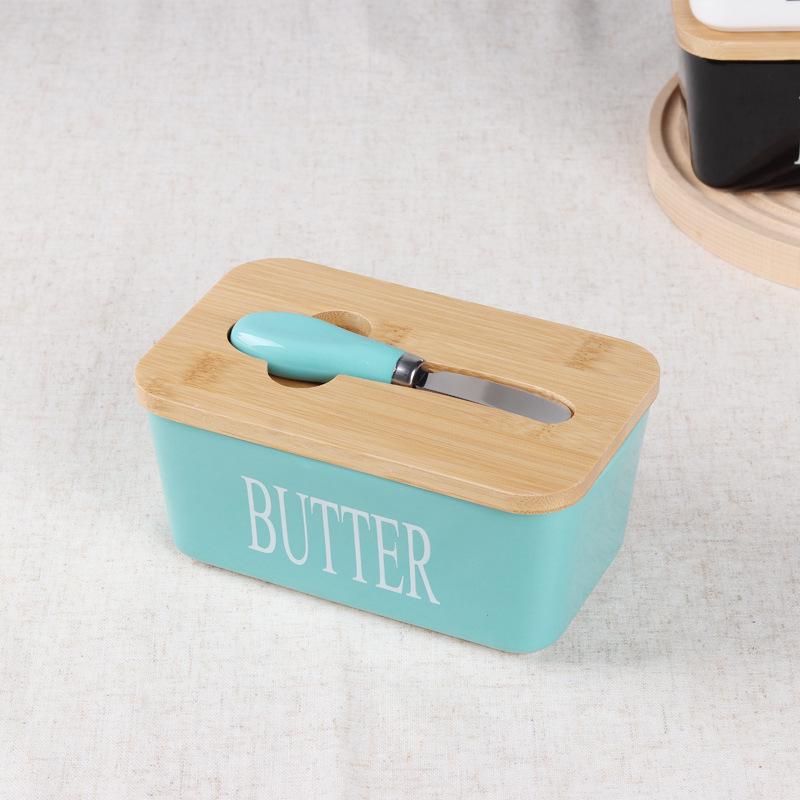 Large Ceramic Butter Dish with Wooden Lid and Knife