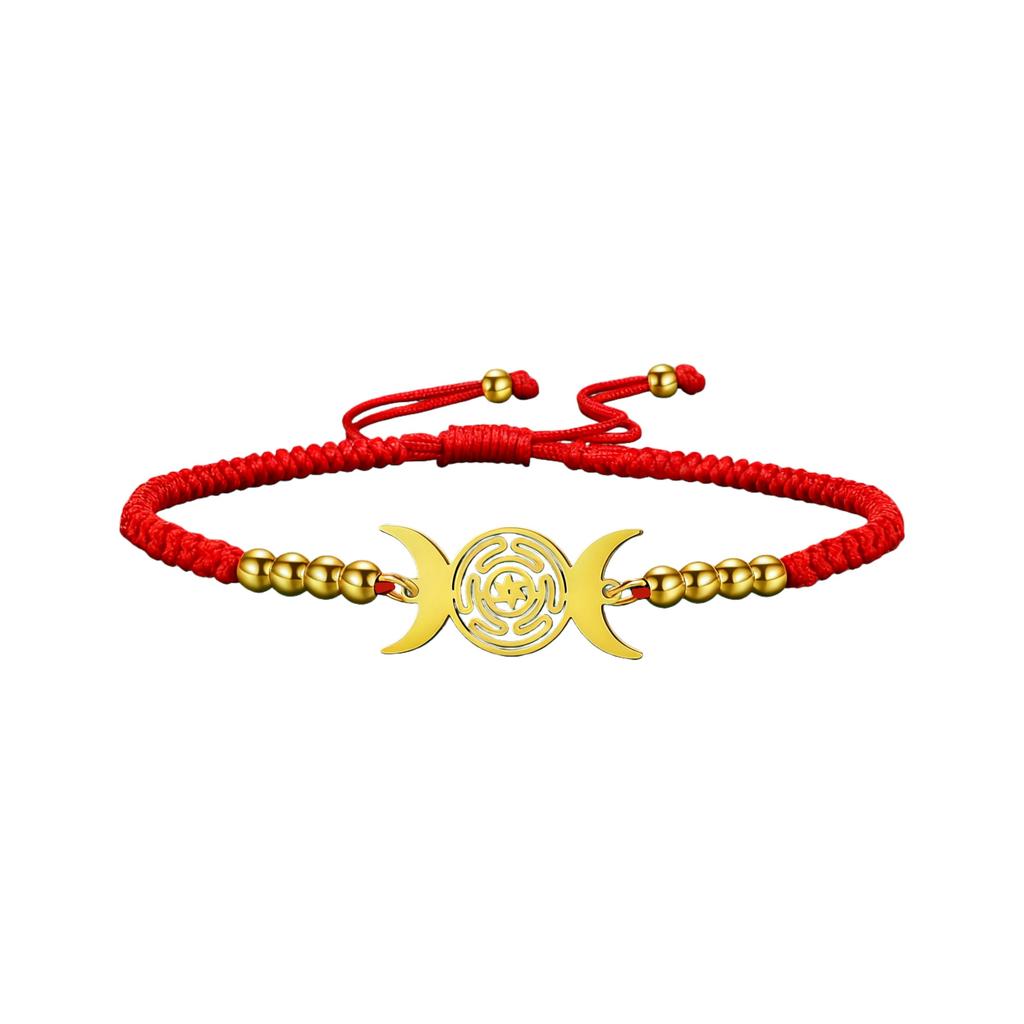 Triple Moon Goddess Bracelet Adjustable Black Rope Wiccan Pagan Jewelry Gift for Women Hecate Wheel