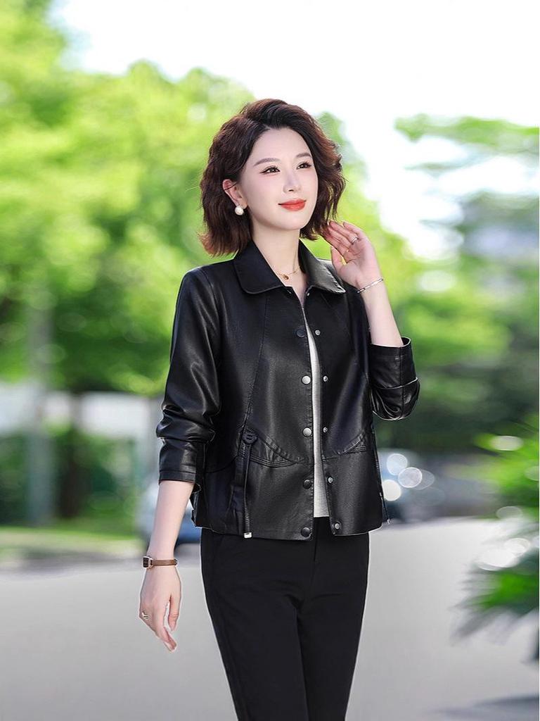 New Hot Style PU Leather Jacket for Middle-Aged and Elderly Women - Petite Spring and Autumn Suit Jacket