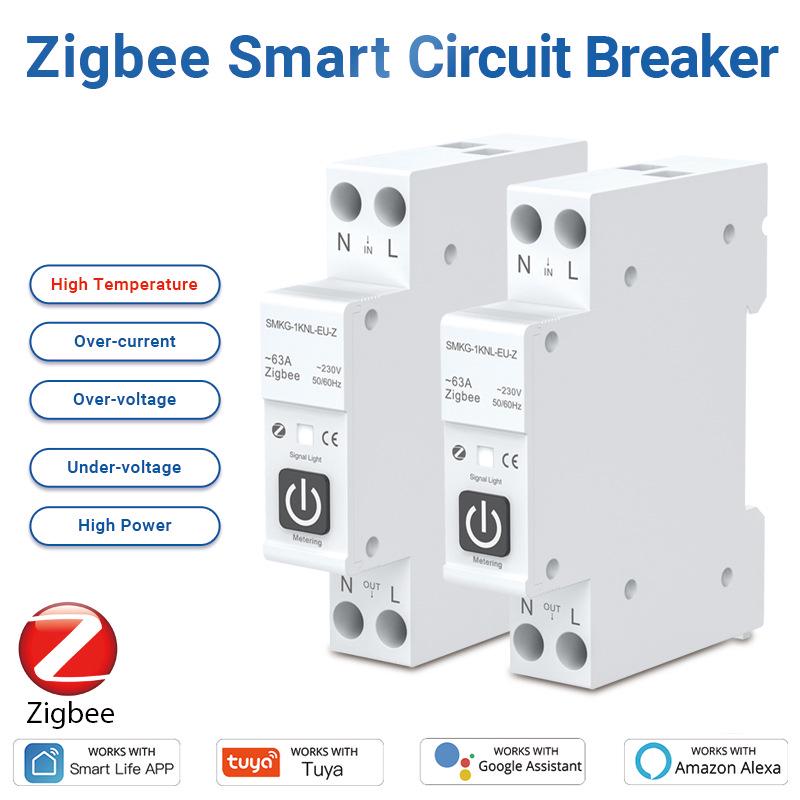 ZigBee Tuya Smart Circuit Breaker with Remote Control, Timer, Metering, Overcurrent and Overvoltage Protection, and Alarm.