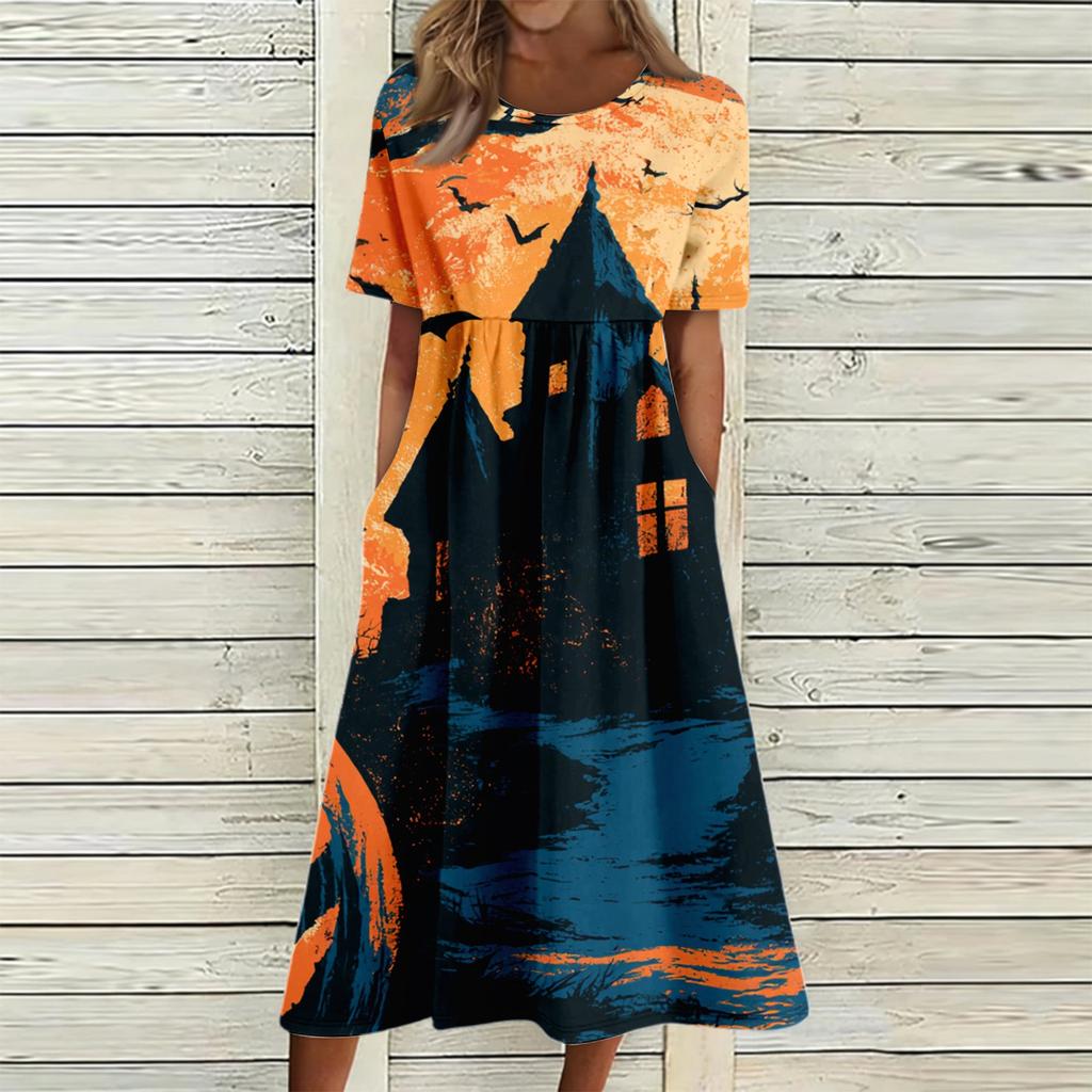 Women's Casual Halloween Print Round Neck Dress with Pockets