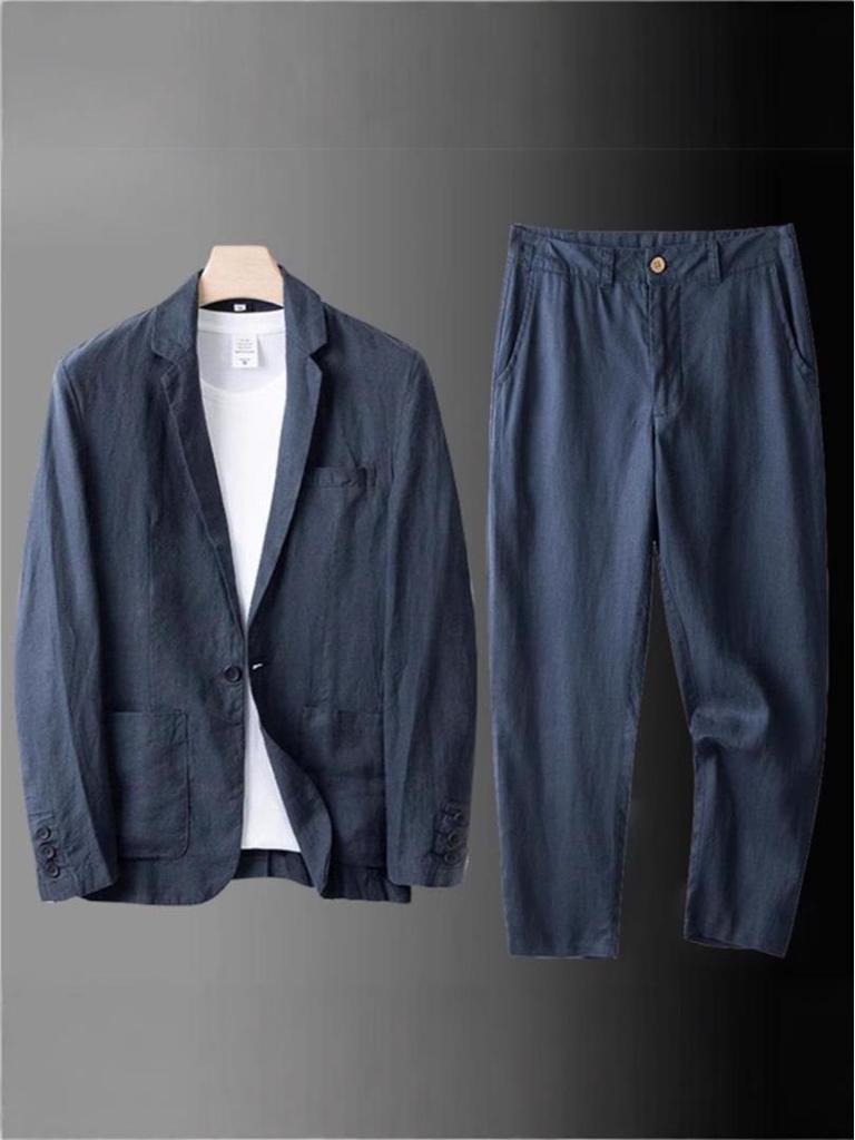 Herren Slim Fit Koreanischer Stil Leinen Sommer Anzug - Lässiges Zweiteiliges Set mit Lockerer Jacke und Sonnenschutz