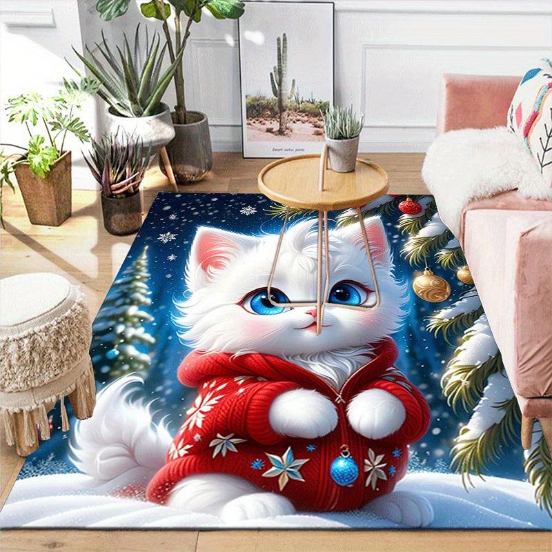 1pc Christmas White Cat Print, Design Indoor Area Rug - Soft, Anti-Slip, and Durable Gaming Room Decor for Bedroom