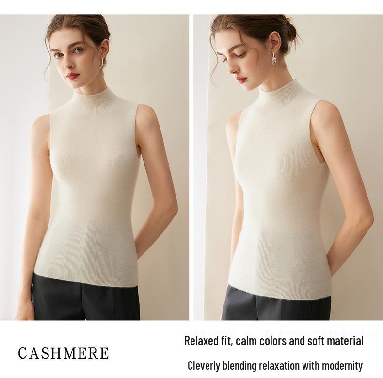 Lekasha Women's 100% Pure Cashmere Sleeveless Vest with Half-High Neck