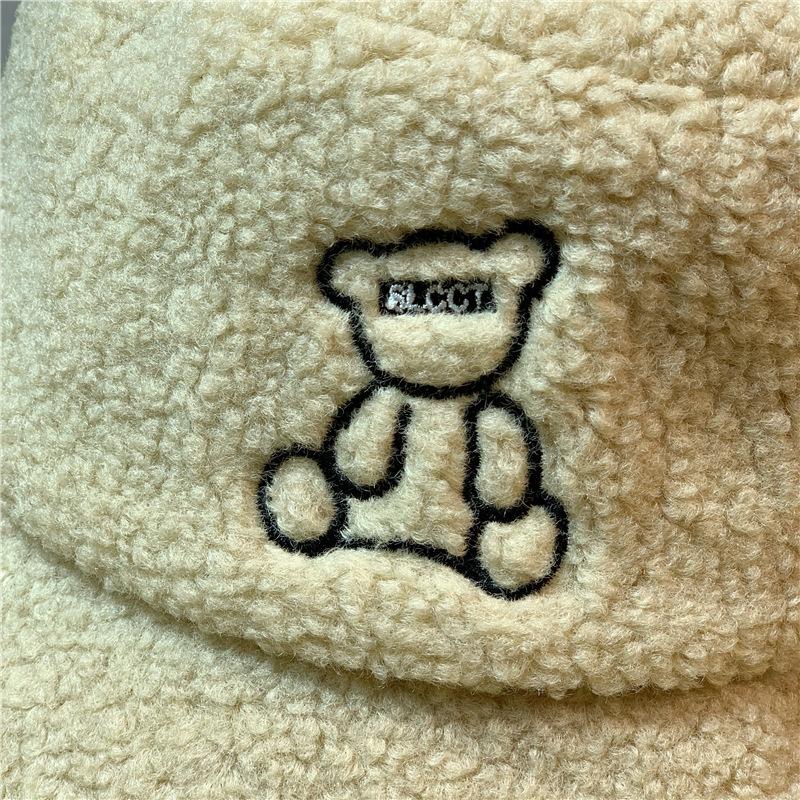 Cute Bear Embroidery Warm Lamb Wool Fisherman Hat Children Autumn and Winter Warm Basin Hat Bucket Hat