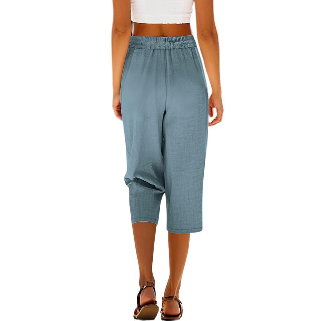 Women's Cotton Linen Wide Leg Pants, Drawstring Casual Cropped Trousers Loose Palazzo Pants with Pockets