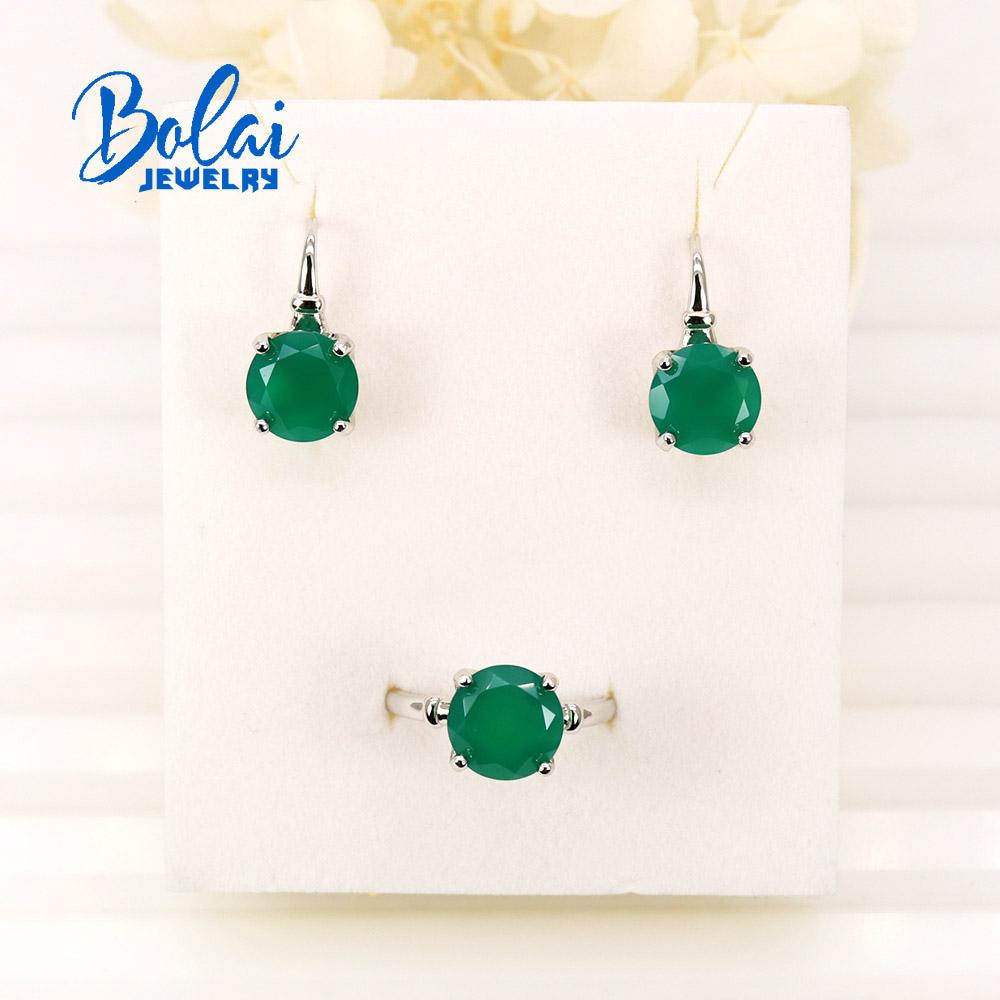 Natural Green Agate Round 10.0mm Gems Ring Earrings Jewelry Set Simple Fashion Design 925 Sterling Silver Fine Jewelry for Women