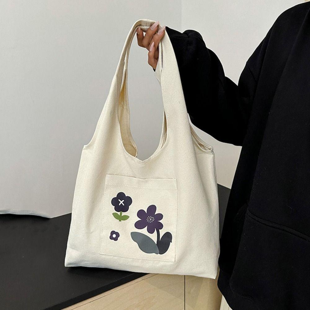 Korean Style Canvas Shoulder Bag Large Capacity Women's Armpit Bag Cute Flower Tote Bag Girls