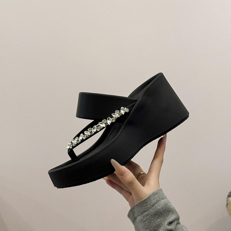 Summer Women Platform Wedges Heel Slippers Fashion Crystal Clip Toe Shoes Ladies Casaul Dress Street Style Slides