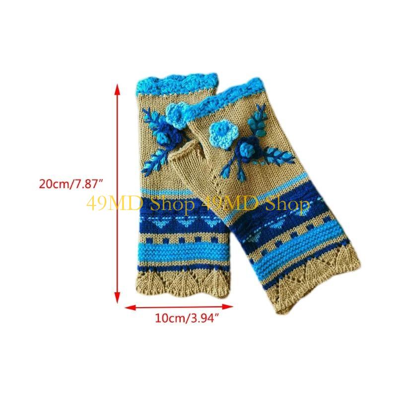 49MD Women Winter Knit Fingerless Gloves Multicolor Crochet Floral Thumbhole Mittens