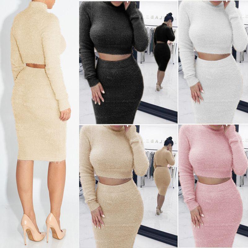 Stylish 2pcs/set Winter Sexy Womens Sweater Dress Bodycon Crop Top And Skirt Set