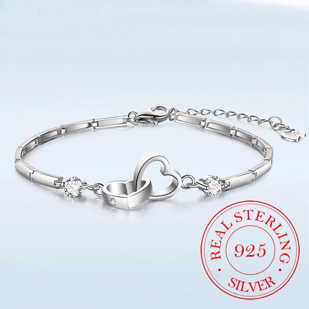 925 Silver Bracelets Bangles Charms Heart for Women Valentine's Days Cubic Zircon Wedding Love Couple Jewelry