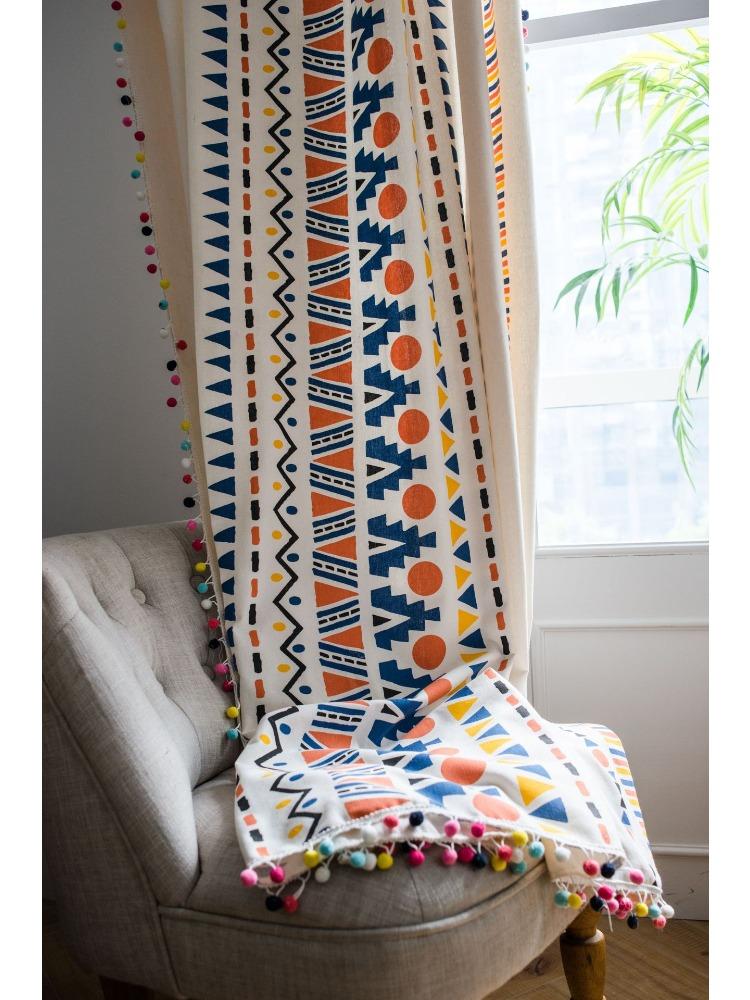 Printed Colored Hairball Bohemian Rustic Cross-Border Curtains for Living Room Bedroom Bay Window Dining Room or Kitchen Bar