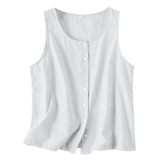 Women Summer Vest Round Neck Sleeveless Loose Fit Tops Solid Color Button Placket Design Tank Tops Streetwear