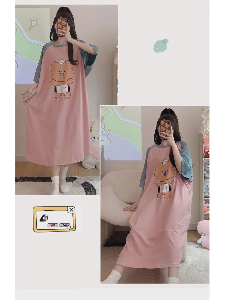 Women's Plus Size Cotton Nightdress - Cute Cartoon, Round Neck, Long Sleeve, Spring/Summer