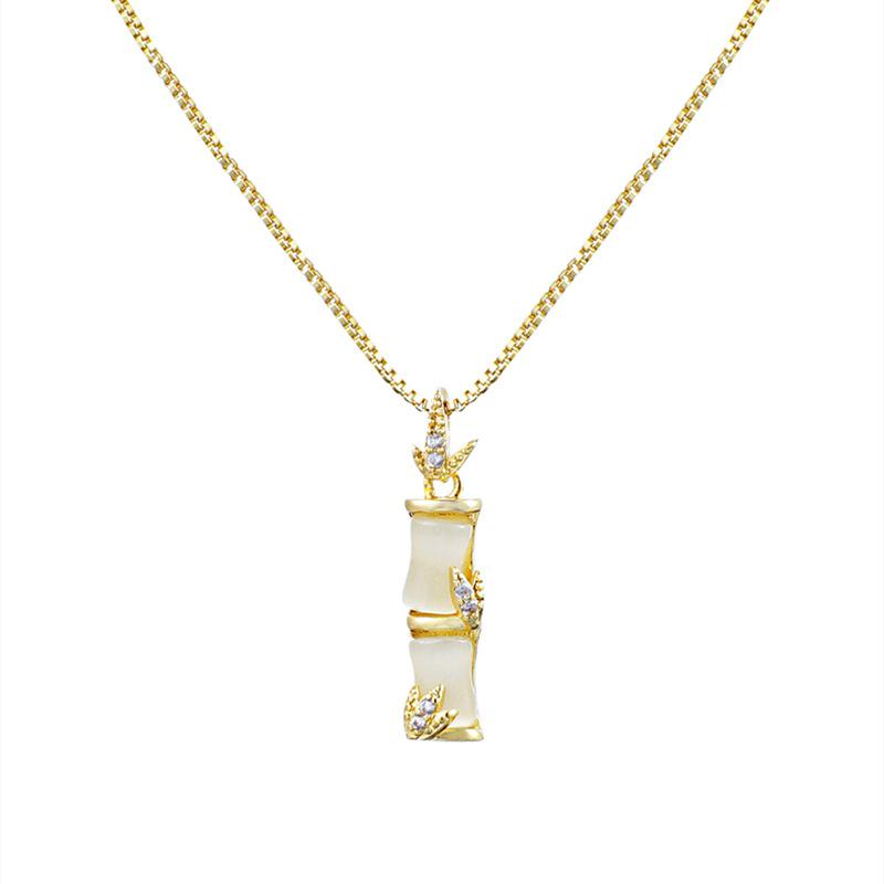 Chinese Style Elegant White Chalcedony Bamboo Pendant Women's Fashion Necklace