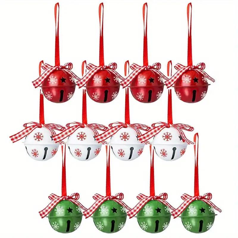 12Pcs Festive Christmas Jingle Bells with Red Ribbons and Star Patterns Perfect for Christmas Tree and Home Decorating. as the picture