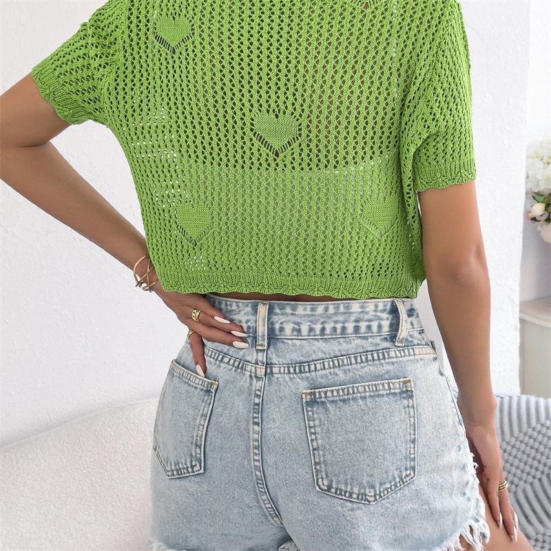 2026 Spring/Summer Women's Hollow Lace Short Sleeve Knitted Open Top S-XL