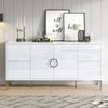Meuble d'appoint 150*38*59.5cm avec 4 Tiroirs, 2 Portes de Placard, Buffet Laqué Brillant, Pieds de Support en Métal, Compartiments Larges sans Poignées, Blanc, MDF