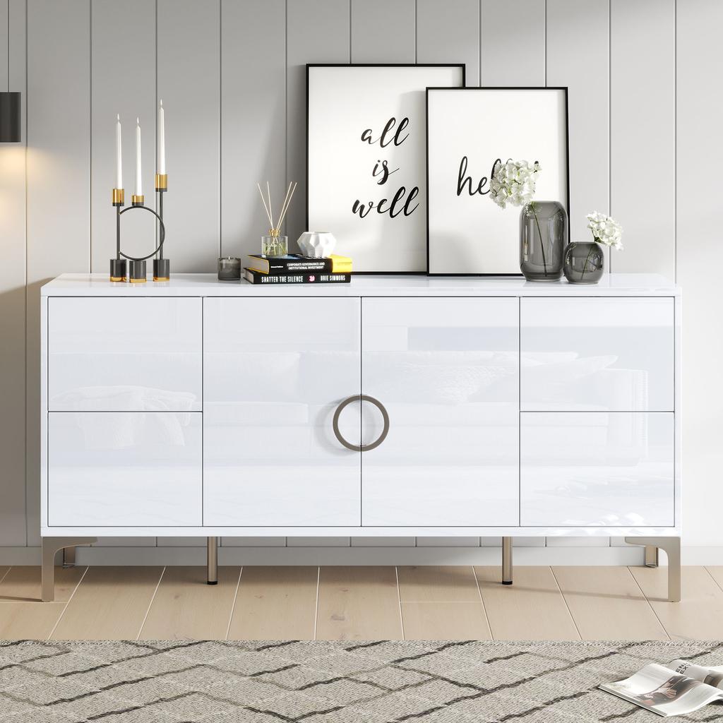 Mobiletto Laterale 150*38*59,5cm con 4 Cassetti, 2 Ante, Credenza Lucida, Piedini di Supporto in Metallo, Ampie Nicchie Senza Maniglie, Bianco, MDF