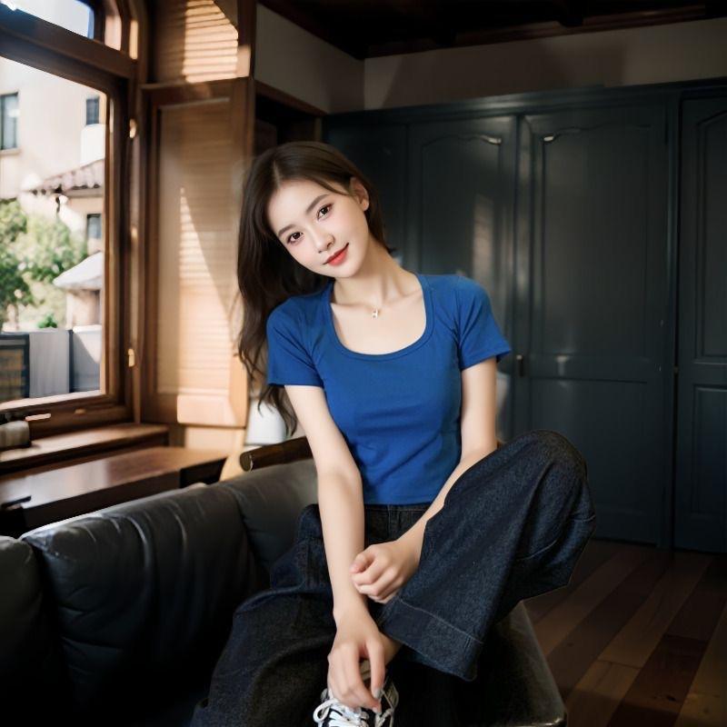 Summer U-neck Short Front Shoulder Short-sleeved T-shirt Women's Multi-color Thin Showing Collarbone Niche Versatile Solid Color Top Fashion