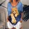 Women's 3d Cats Print T-Shirt Fashion Woman Blouses 2023 Funny Kawaii V-Neck T Shirt Female Clothing Oversized Summer Tops Tees