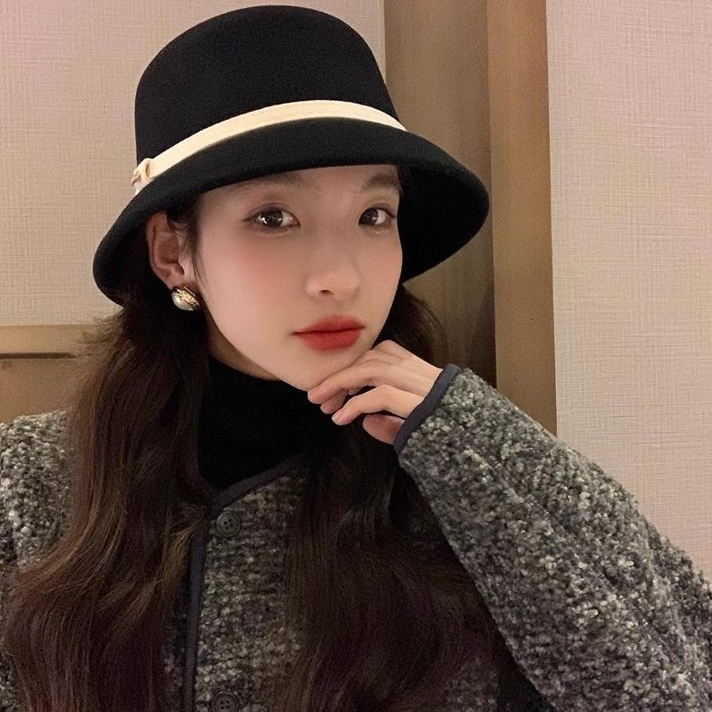 French elegant Hepburn style wool fisherman's hat children autumn and winter retro small fragrant style top hat showing face small lampshade hat tide